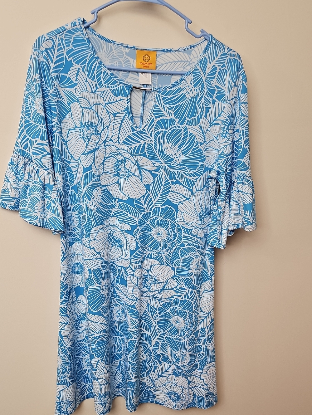 Ruby Rd Sky Blue Floral Keyhole Knee Length Dress Size PM Flutter Sleeve